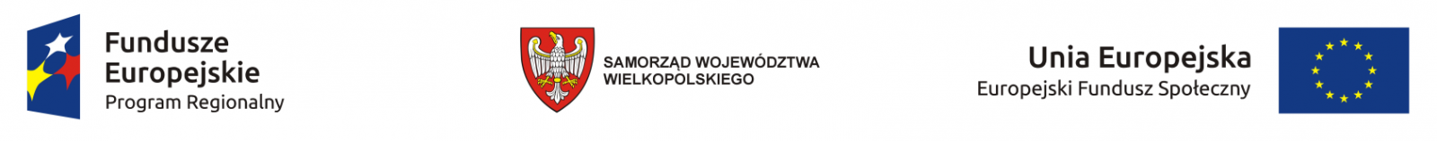 Logotypy projektu, od lewej Fundusze Europejskie Program regionalny, Samorząd Województwa wielkopolskiego, flaga Unii Europejskiej Europejski Fundusz Społeczny