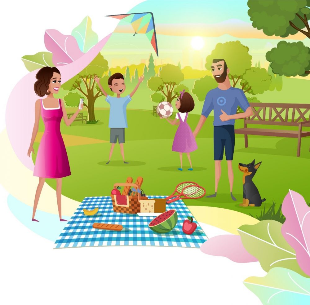 obrazek przedstawia rodzinę bawiącą się wesoło w słoneczny dzień na pikniku